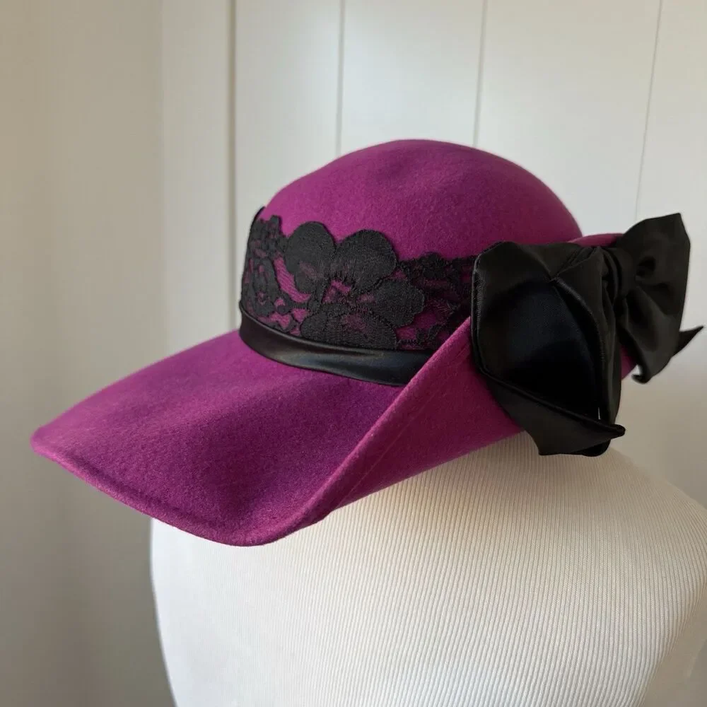 VTG 80s Deadstock Michael Howard Fuchsia Wool Fedora Hat Lace Satin Bow USA NOS